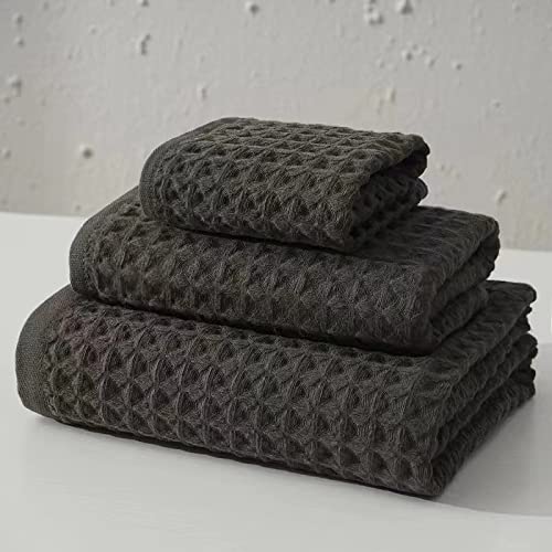 Yiluomo Grey Waffle Towels Sets 100% Cotton Highly Absorbent Quick Dry Towels For Bathroom (1 Bath Towels, 1 Hand Towels And 1 W