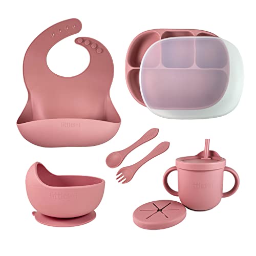 Littlesol Baby Led Weaning Supplies - Complete Silicone Baby Feeding Set - Plate, Spoon, Fork, Bib, Bowl, Cup - Food Grade BPA F