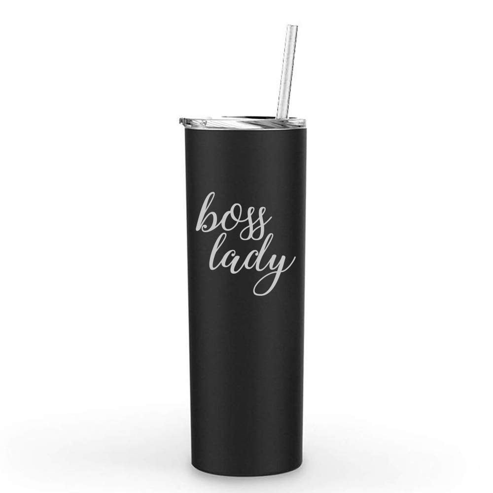 20 Oz Skinny Tall Tumbler Stainless Steel Vacuum Insulated Travel Mug With Straw Boss Lady (Black)