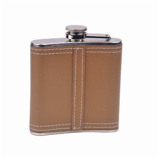 Genuine Leather Hip Flask Holding 6 Oz - Ckb Products Pocket Size, Stainless Steel, Rustproof, Screw-On Cap - Brown Finish - Bla