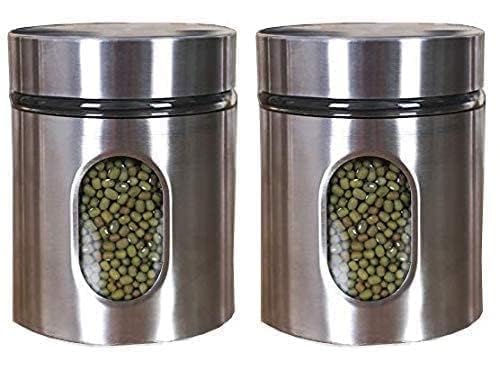 Narah Ventures Glass Kitchen Canister Set Of 2  350Ml | SteelFramed Jar With Transparent Window | ScrewLock Freshness Lid For