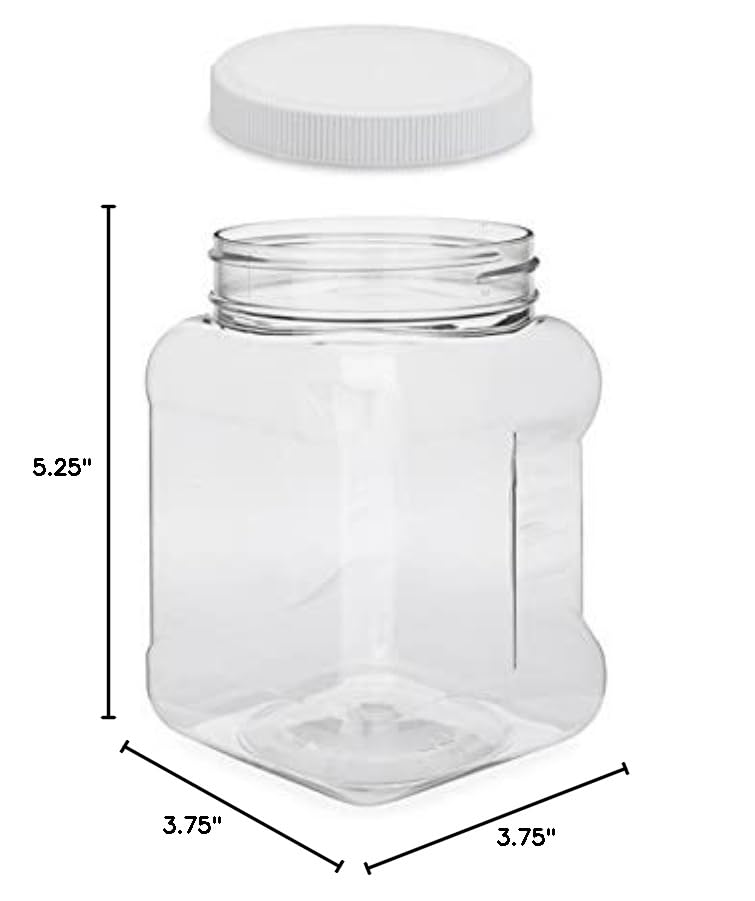 Plastic Jars 32 Fluid Ounce Square Pinch Handle (12 Pack) Clear Pet Plastic Containers With White Ribbed Lids