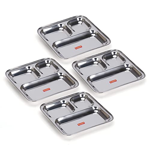 Sumeet Stainless Steel 3 In 1 Idli Wada Compartment Plate/Snack Plate/Breakfast Plate Set Of 4Pcs, 21.7Cm Dia, Silver