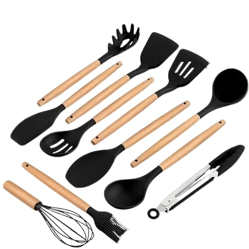 Pasvita 11Pcs NonStick Silicone Spatula Set For Kitchen With Wooden Handle Cookware Utensil Tong, Whisk, Ladle, Basting Brush, 