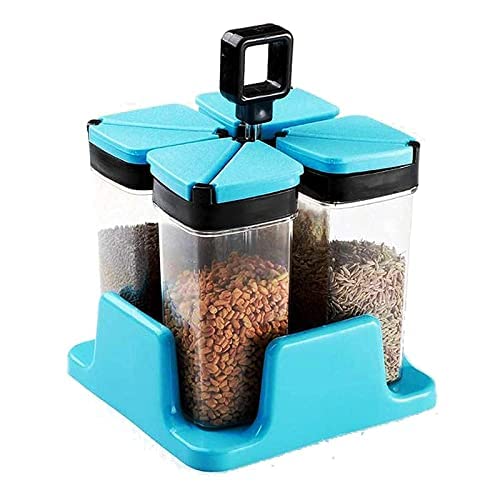 Rotating Spice Rack Set With 4 Containers, Blue, Sprinkle Dispenser Organizer