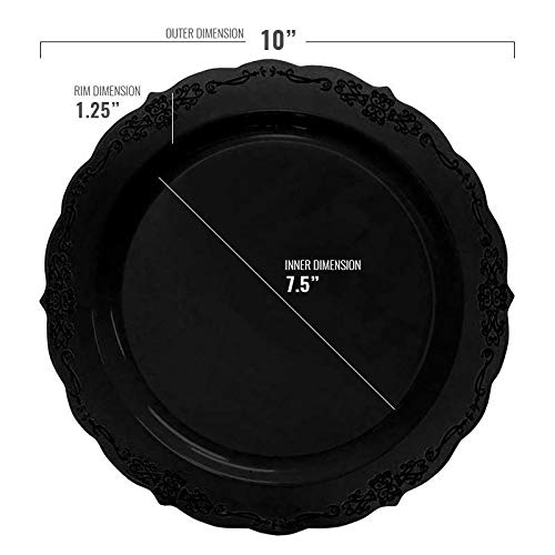 Kaya Elegant Black Vintage Rim Round Plastic Disposable Dinner Plates (Pack Of 10) - Stylish Design, Perfect For Weddings, Parti