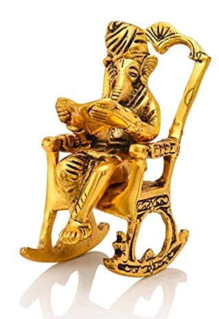 Agarwal Trading Corporation Golden Metal Lord Ganesha Reading Ramayana Statue Hindu God Ganesh Ganpati Sitting On Chair Idol Scu