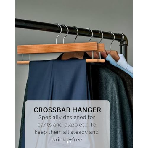 Bloomax German Technique, Trouser Pants Hangers With Non Slip Bar Smooth Finish, Wooden Hangers, 360 Hook- Ideal For Pants, Natu
