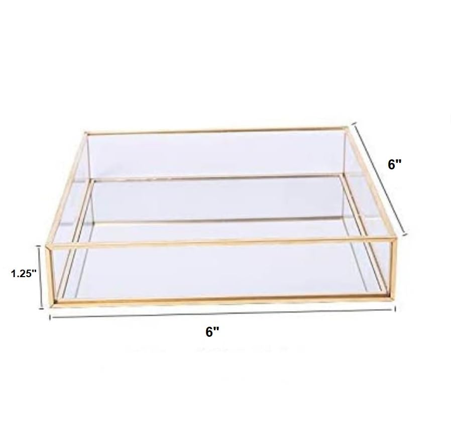 Ruhi Collections Square Glass with Brass Rim Mirror Base Vanity Tray for Home Decor Jewellery Organiser, Small, Gold
