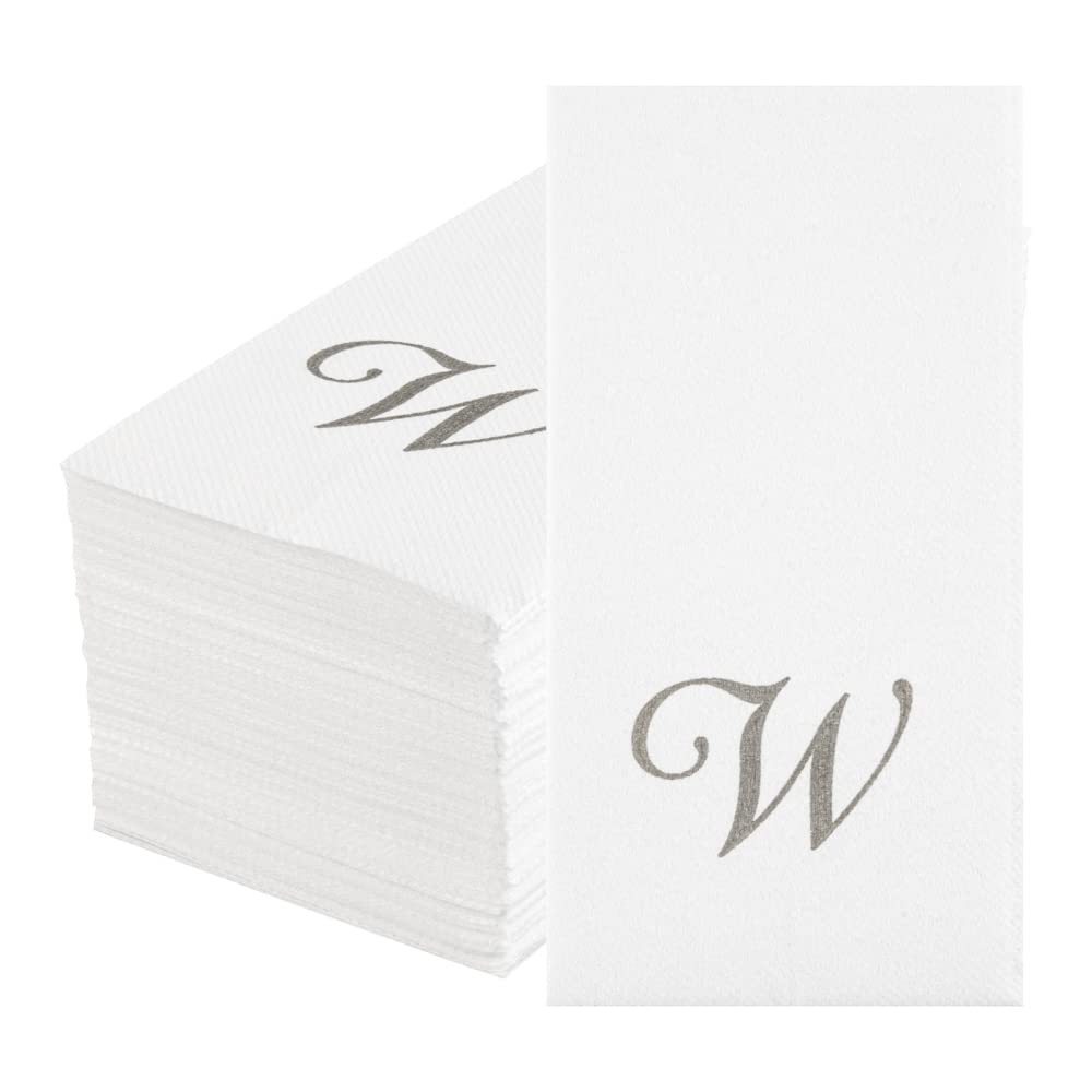 Luxenap 15.8 X 7.9 Inch Linen-Feel Guest Towels, 50 Disposable Striped Hand Towels - Silver Letter 'W', Cursive Font, White Pape