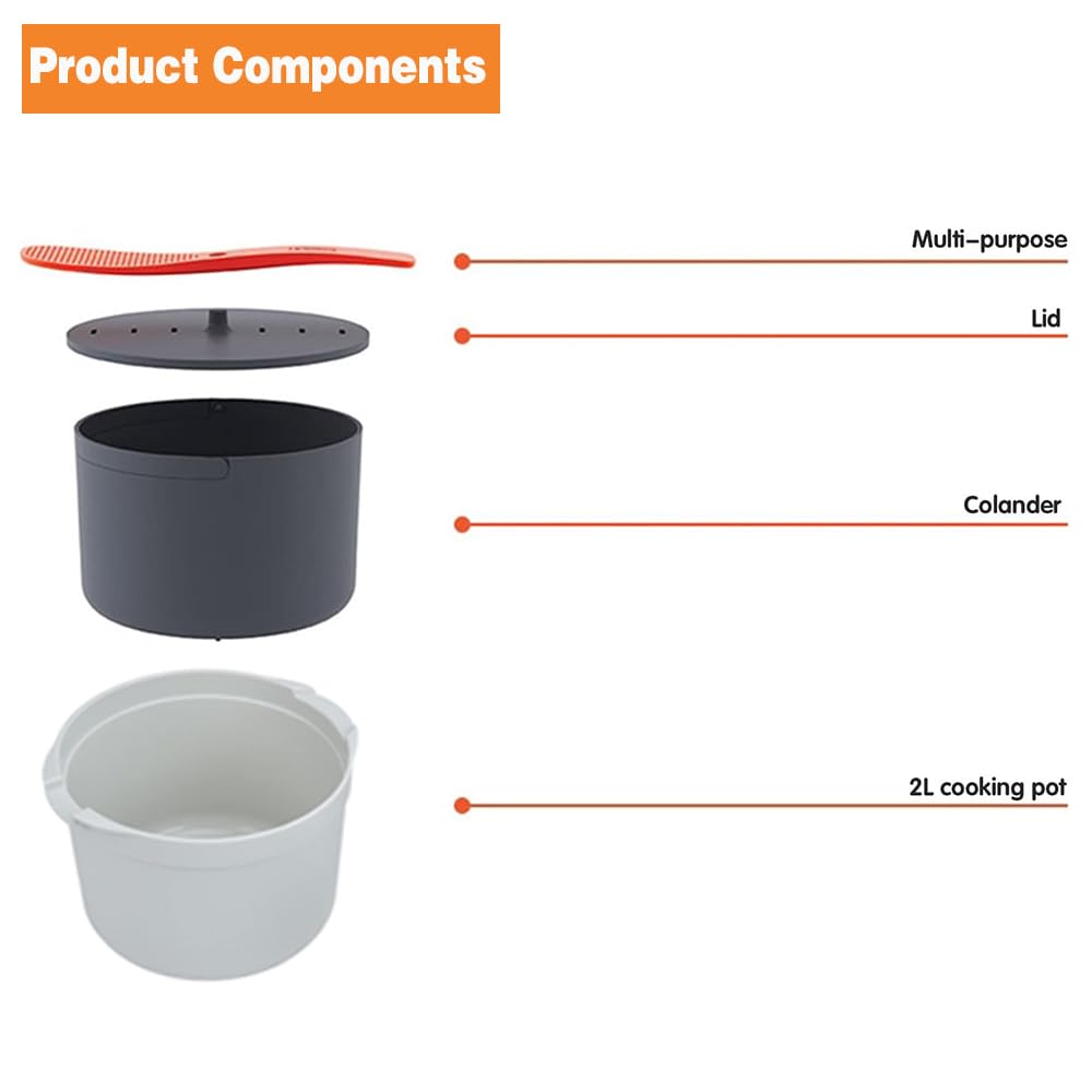 Microwave Rice Cooker Steamer, Microwave Pasta Cooker With Strainer, 2 L Microwave Cookware Set For Rice, Pasta, Vegetables, Qui