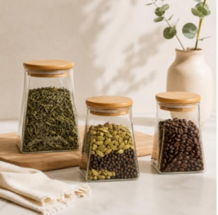 Maniya Enterprise Glass Storage Jar Set With Bamboo Lid, Square Shape, For Tea, Spices, And Coffee Beans, Set Of 3