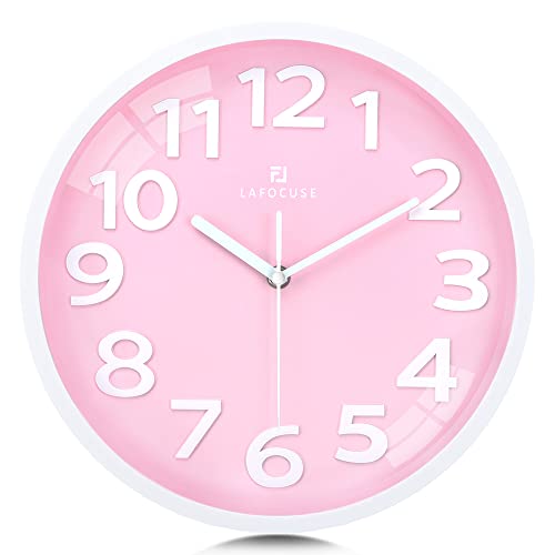 Lafocuse 12 Inch 3D Numbers Pink Wall Clock For Living Room Decor, Modern Kitchen Wall Clock Battery Operated Silent Non-Ticking