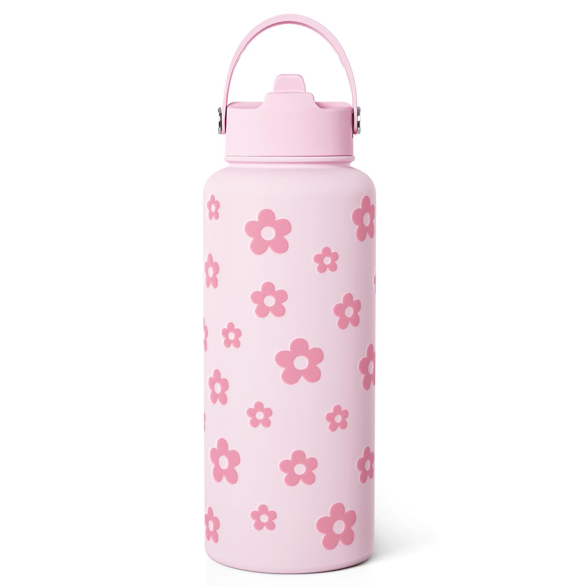 Floral Water Bottle Stainless Steel 32oz with Lid & Straw, Daisy Insulated Bottles Gifts for Women Girls Friends Teens Birthday 