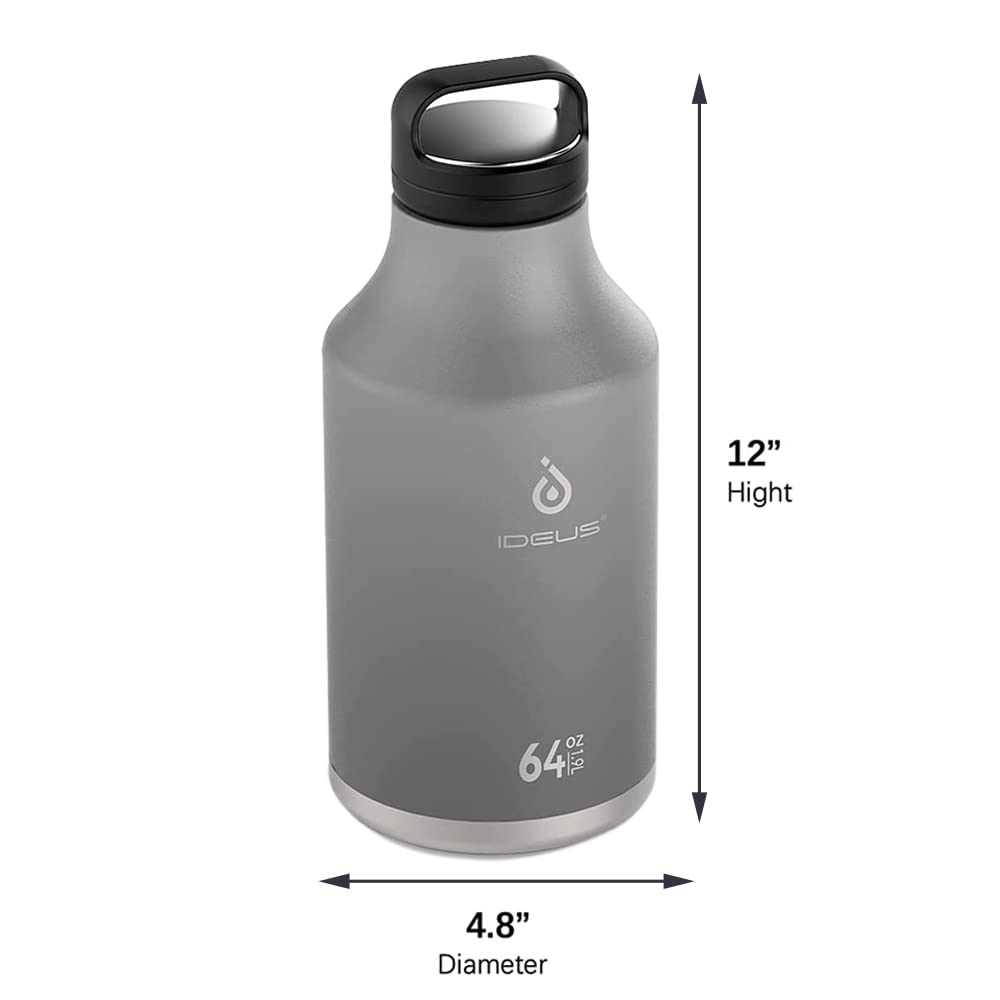 Ideus Insulated Stainless Steel Water Bottle With 2 Leak-Proof Lids, Thermal Water Flask For Hiking Biking, 64Oz, Gray