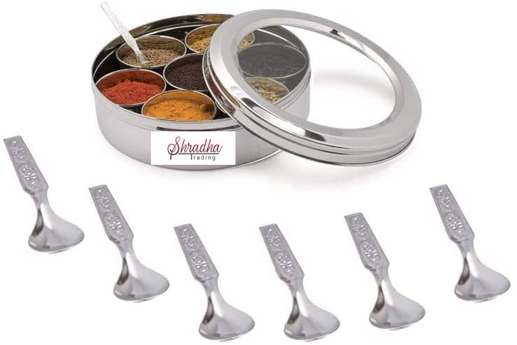 Shradha Trading Stainless Steel Transparent Masala Box/Spice Box/Masala Dabba/Spice Container - 7 Containers, Steel Masala Box/M