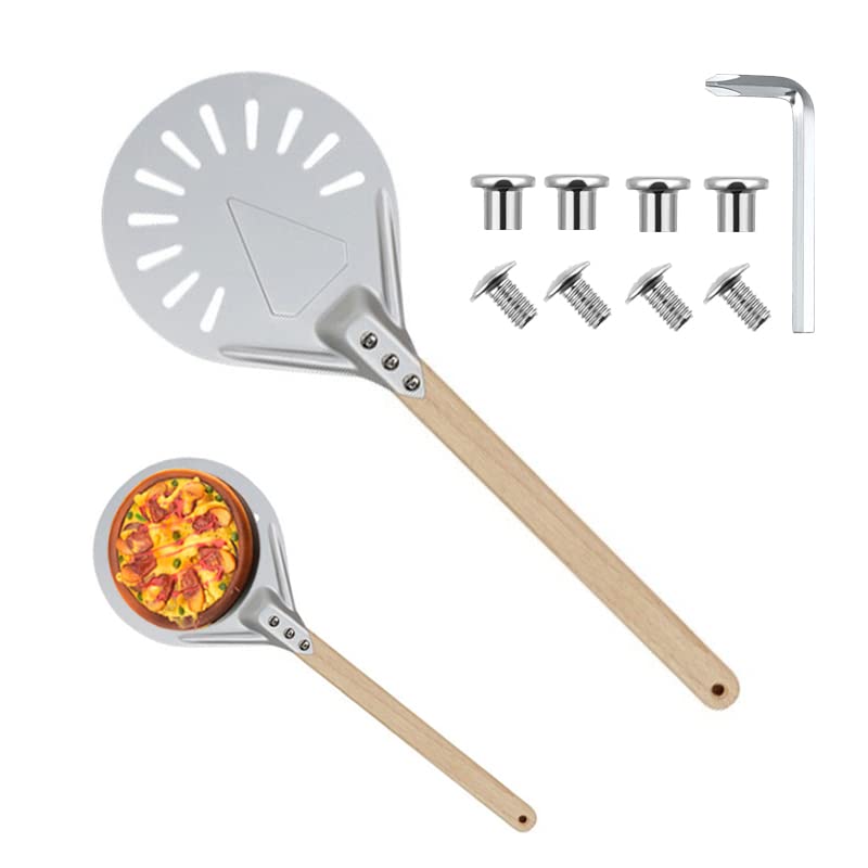 Betterjonny Round Perforated Pizza Peel With Detachable Wood Handle, Aluminum Turning Peel Pizza Paddle Metal Non-Slip Perforate