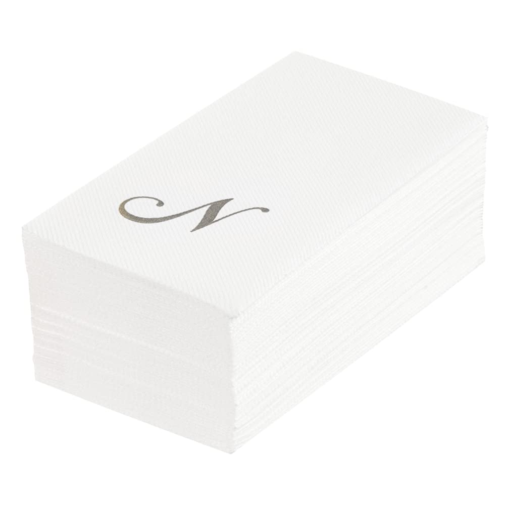Luxenap 15.8 X 7.9 Inch Linen-Feel Guest Towels, 50 Lettered Hand Towels - Silver Letter 'N', Cursive Font, White Paper Dinner N