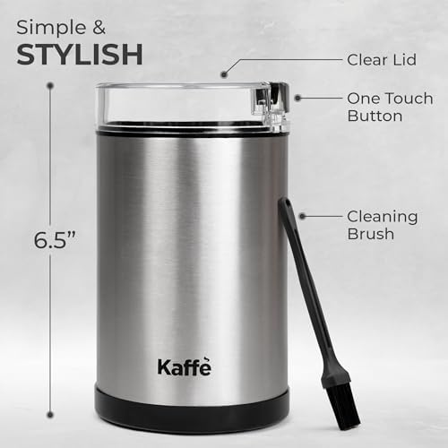 Kaffe One-Touch Coffee Grinder Electric W/Cleaning Brush (3 Oz) - Stainless Steel - Coffee Grinders For Home Use - Up To 12 Cups