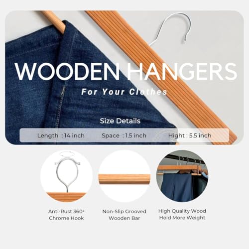 Bloomax German Technique, Trouser Pants Hangers With Non Slip Bar Smooth Finish, Wooden Hangers, 360 Hook- Ideal For Pants, Natu