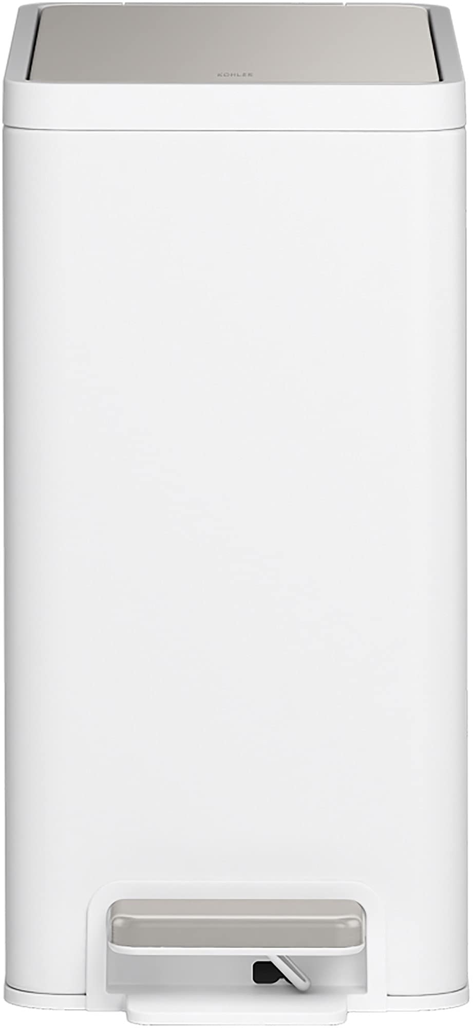 KOHLER 20957-STW 2.5 Gallon Slim Step Trash Can  Bathroom Trash Can with Soft-Close Foot Pedal  White with Stainless Steel