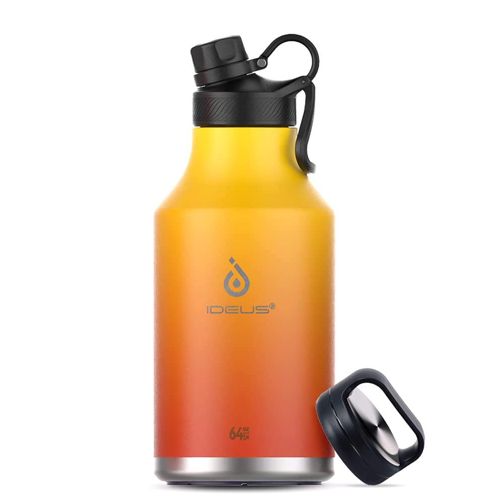 Ideus Insulated Stainless Steel Water Bottle With 2 Leak-Proof Lids, Thermal Water Flask For Hiking Biking, 64Oz, Yellow