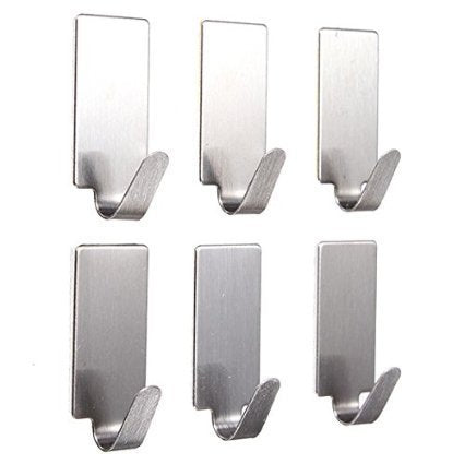 Amigozz Set Of 6Pc(Rectangle) Adhesive Stainless Steel Silver Hooks For Wall Hanging, Kitchen, Bathroom, Color : Ash