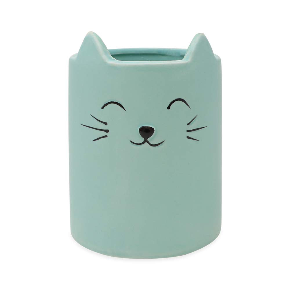 Isaac Jacobs Blue Ceramic Cat Makeup Brush Holder, Multi-Purpose Cup Organizer. Bathroom, Kitchen, Bedroom, Office D  Cor (Singl