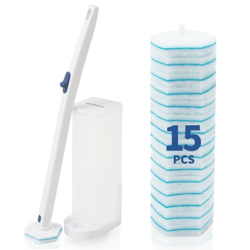 Boomjoy Disposable Toilet Brush Set With 15 Wand Refills, Toilet Bowl Cleaner Wand With Holder, Toilet Cleaning System Starter W
