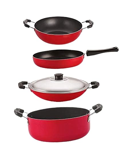 Nirlon Aluminium Non Stick Cooking Pots & Pans Set Of 4 Pieces (Fp10_Kd10_Ac_Cs24)