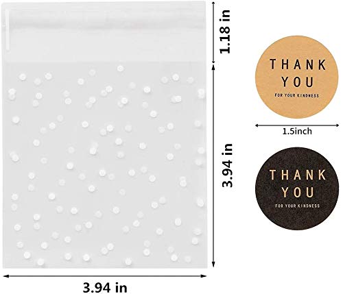 400Pcs White Polka Dot Treat Bags Self Adhesive Candy Cookie Bags, 200 Clear Cellophane Bags + 200 Thank You Sticker For Bakery