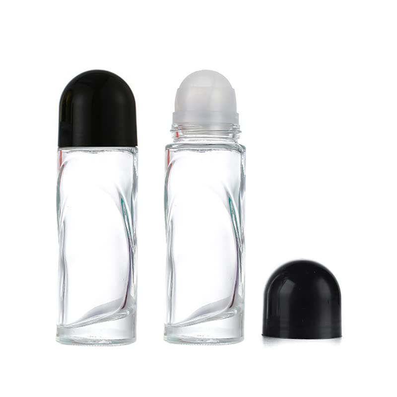 2Pcs 70ml/2.36oz Clear Glass Deodorant Roller Bottle with Plastic Roller Ball & Black Lid Deodorant Bottles Essential Oil Roller
