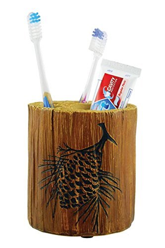 Wilcor Toothbrush Holder Wood Log With Pine Cone