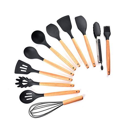 Cooking Utensils Silicone Kitchen Set - Heat Resistant Kitchen Tools Wooden Handle Spoons Kitchen Utensil Set With Holder Spatul