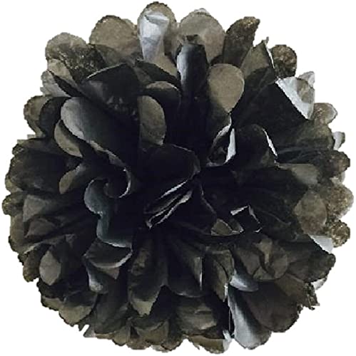 Pack Of 10 Tissue Paper Flower Ball Pom Pom Party Decoration Indoor Outdoor 6'' 8'' 10'' 12'' 14'' (Black, 12'')