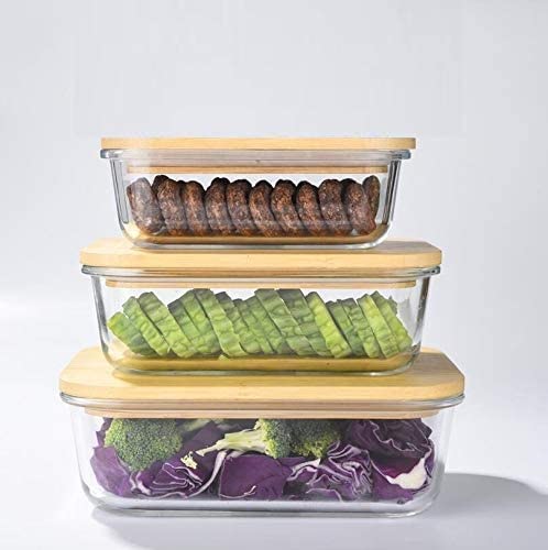 RedRubby Glass Container Set With Wooden Lid For Food Storage (Pack Of 3) | Lunch Tiffin Box For Office, Fridge, And School Wit