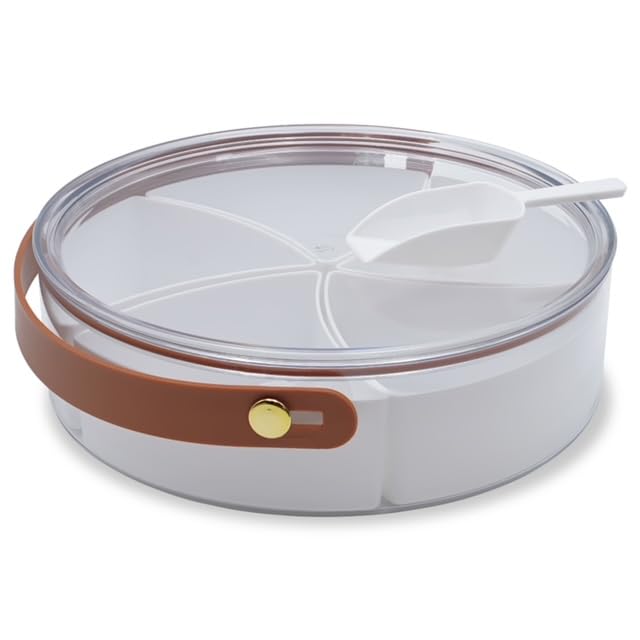 Divided Snack Tray With Lid, Serving Tray With Handle, 5 Compartments, Mini-Scooper Included,Storage Container For Nuts, Candy,