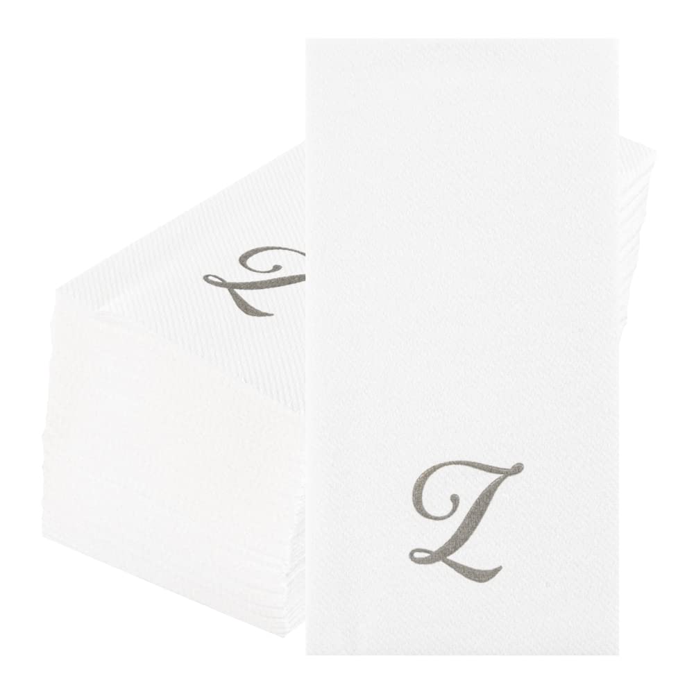 Luxenap 15.8 X 7.9 Inch Linen-Feel Guest Towels, 50 Disposable Striped Hand Towels - Silver Letter 'Z', Cursive Font, White Pape