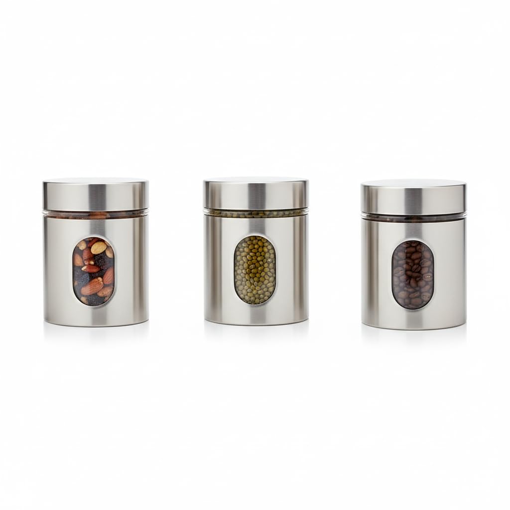 Domingo Hub 350 Ml Pack Of 3 Stainless Steel Plated Glass Kitchen Canister, Airtight Food Storage Window Canister Jar, Visible W