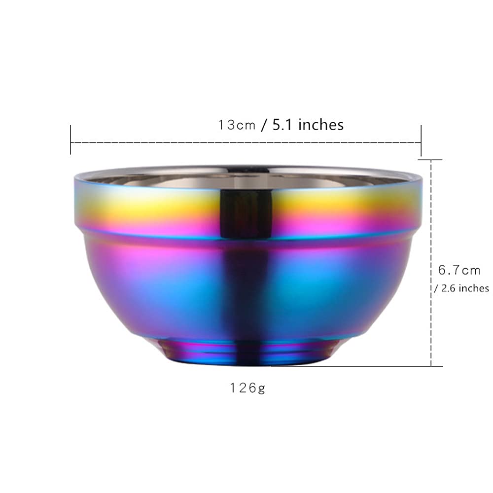 Large Rainbow 304 Stainless Steel Bowl Set Of 4, Double-Walled Heat Insulation Anti-Scalding Kitchen Soup Bowls, Drop Resistance