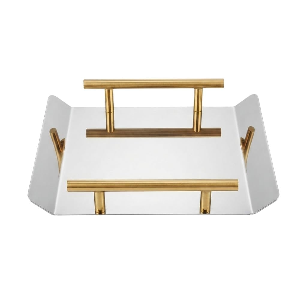 Crega Stainless Steel Decorative Serving Tray With Gold Handles | Coffee Table & Kitchen Counter Organizer | Tea & Coffee Servin