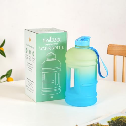 Nestasia Polypropylene 2.2L Sipper Motivational Marker Water Bottle (Green Blue)|Leakproof Flip-Top Lid, Handle & Carrying Strap