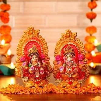 Yashvin Handcrafted Pair Of Clay Laxmi Ganesh Murti | Lord Ganesha Lakshmi Idol | Laxmi Ganesh Idol For Diwali | Eco Friendly La