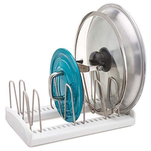 Inovera (Label) Kitchen Lid Pan Dish Rack Holder Adjustable Cabinet Countertop Storage Organizer, White, Plastic & Alloy Steel, 