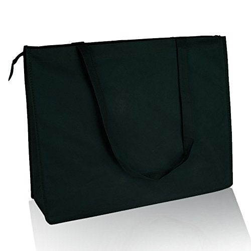 (12 Pack) Set Of 12- Reusable Non Woven Jumbo Zippered Tote Bag (Black)