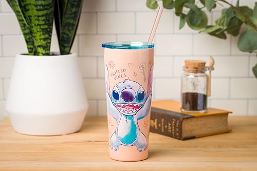 Silver Buffalo Disney Lilo And Stitch Island Doodles Chilled Vibes Double Walled Stainless Steel Tumbler With Straw, 22 Ounces