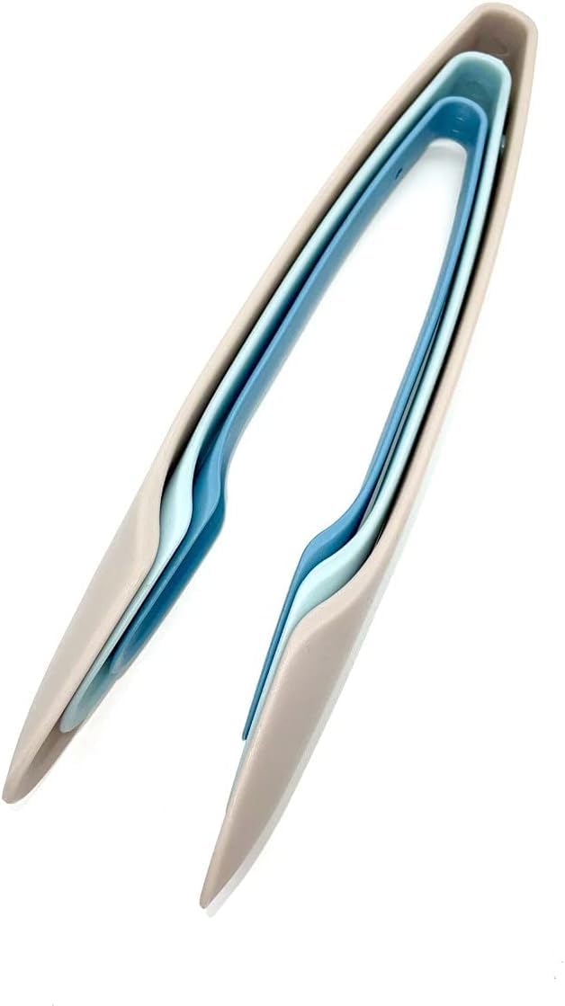 Shapat Plastic Kitchen Serving Tongs Set, 3Piece, Blue And White, Soft Touch Multipurpose For Salad, Bbq, Buffet