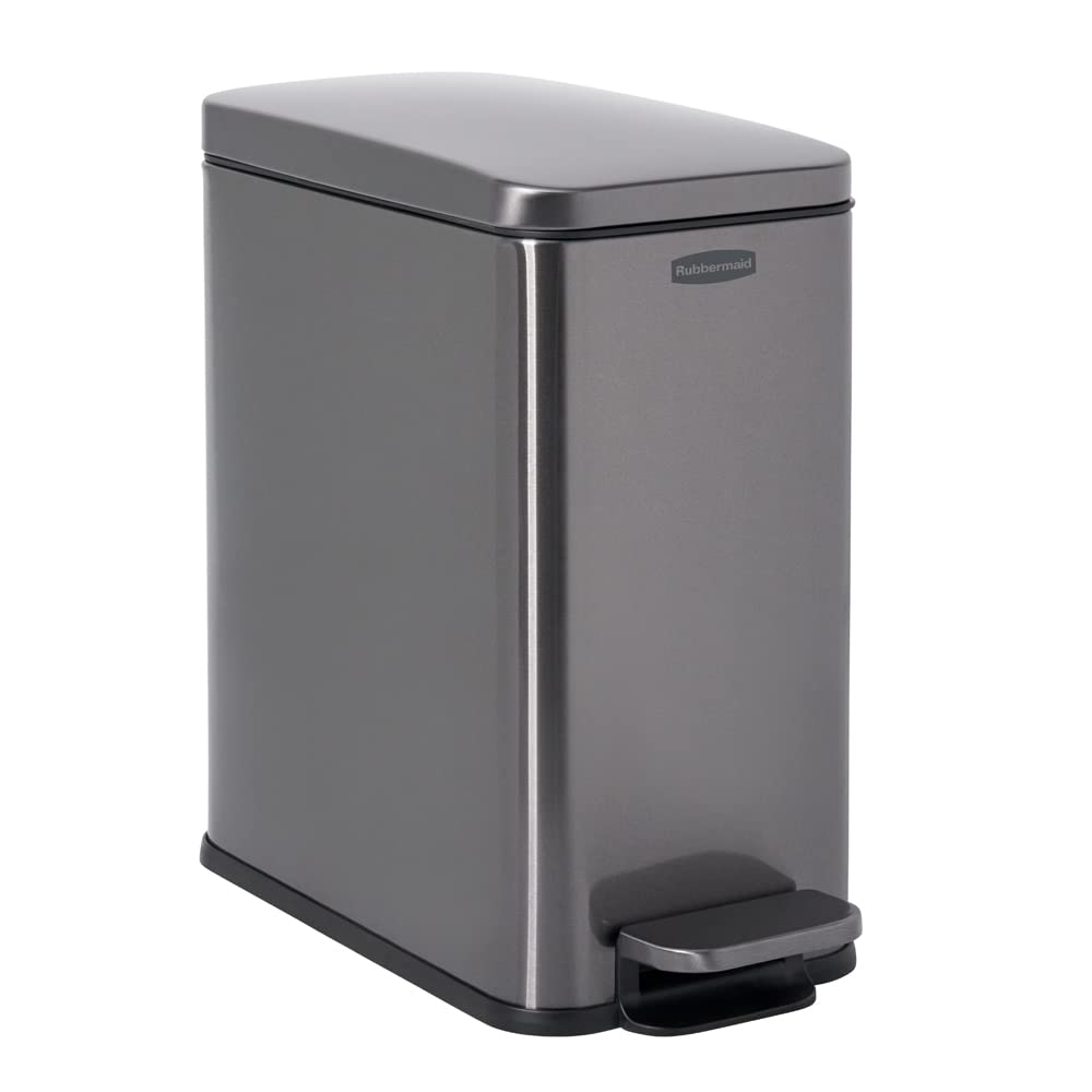 Rubbermaid Stainless Steel Slim Step-On Trash Can, 2.6-Gallon, Charcoal, Wastebasket With Lid For Home/Bathroom/Kitchen