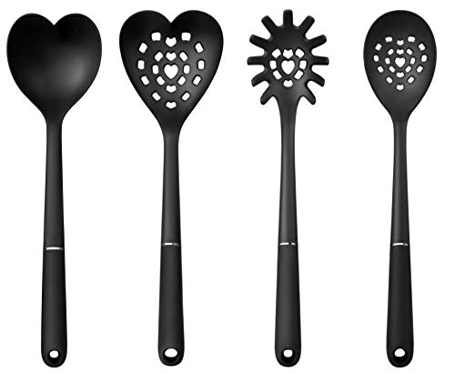 Cojojo 4 Pack Silicone Nylon Turner Spatula Spoon Ladle Spaghetti Server Slotted With Heart Shape Round Square Kitchen Tool Set