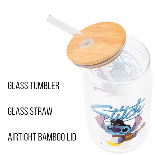 Silver Buffalo Disney Lilo and Stitch Glass Tumbler with Bamboo Lid and Glass Straw Featuring Stitch in an Elvis Costume, 16 Oun